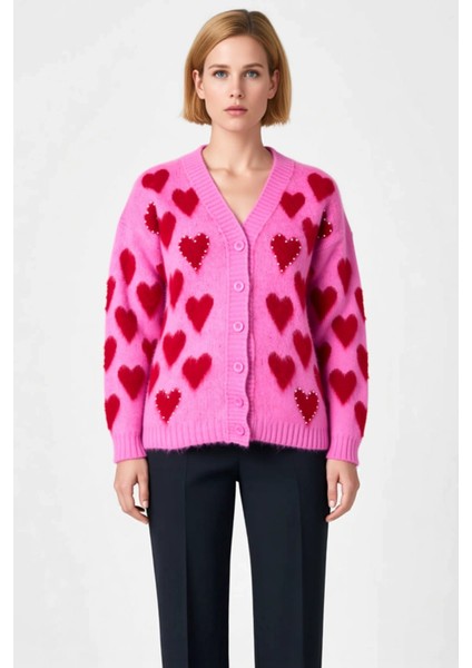 Kadın Yumuşak Tuşeli Kalp Desenli Düğmeli V Yaka Uzun Kollu Regular Fit Triko Hırka Günlük Şıklık fırsatları