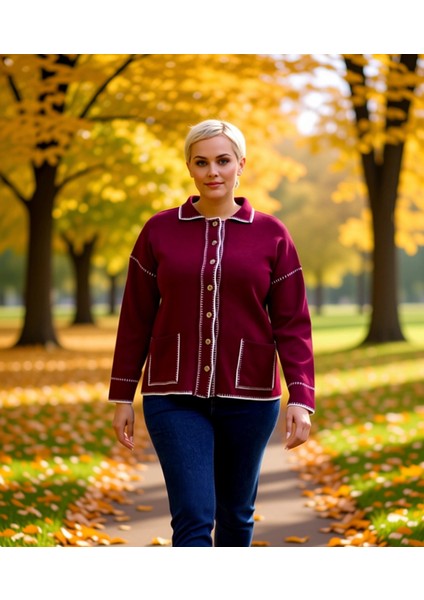 Kadın Polo Yaka Kontrast Dikiş Detayları Ile Şık ve Konforlu Uzun Kollu Regular Fit Triko Hırka