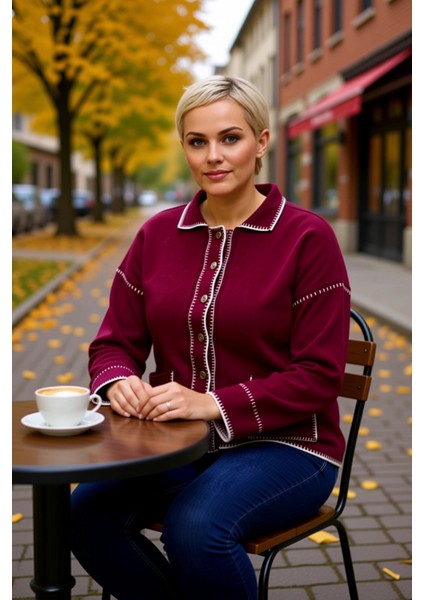 Kadın Polo Yaka Kontrast Dikiş Detayları Ile Şık ve Konforlu Uzun Kollu Regular Fit Triko Hırka fiyatları