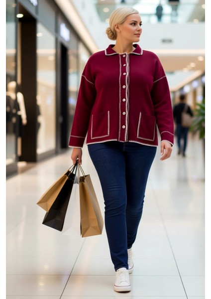 Kadın Polo Yaka Kontrast Dikiş Detayları Ile Şık ve Konforlu Uzun Kollu Regular Fit Triko Hırka modelleri