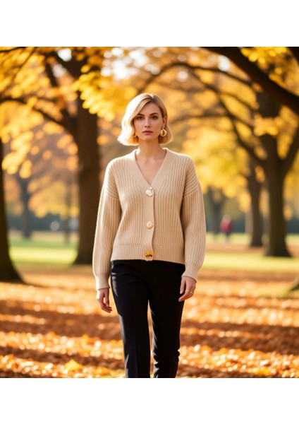 Kadın V Yaka Geniş Kalıp Ribanalı Triko Hırka Şık Düğmeli Rahat Kışlık Günlük Üst Giyim Seçeneği