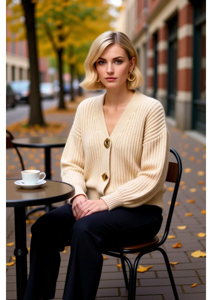 Kadın V Yaka Geniş Kalıp Ribanalı Triko Hırka Şık Düğmeli Rahat Kışlık Günlük Üst Giyim Seçeneği fiyatları