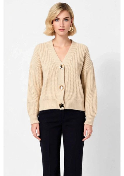 Kadın V Yaka Geniş Kalıp Ribanalı Triko Hırka Şık Düğmeli Rahat Kışlık Günlük Üst Giyim Seçeneği fırsatları