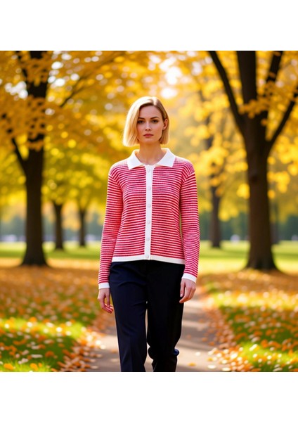 Kadın Çizgili Polo Yaka Düğmeli Örme Hırka Günlük Stilinize Dokunuş Katın Konforlu ve Şık Bir