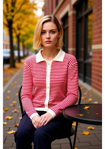 Kadın Çizgili Polo Yaka Düğmeli Örme Hırka Günlük Stilinize Dokunuş Katın Konforlu ve Şık Bir fiyatları