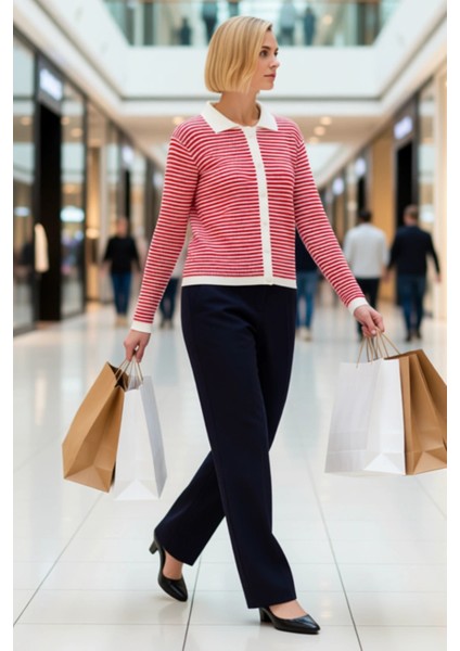 Kadın Çizgili Polo Yaka Düğmeli Örme Hırka Günlük Stilinize Dokunuş Katın Konforlu ve Şık Bir modelleri