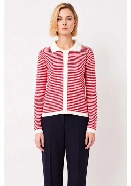 Kadın Çizgili Polo Yaka Düğmeli Örme Hırka Günlük Stilinize Dokunuş Katın Konforlu ve Şık Bir fırsatları