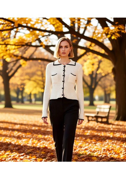 Kadın Triko Hırka Polo Yaka Kontrast Şerit Detaylı Uzun Kollu Rahat Kalıp Kısa Kesim Şıklık