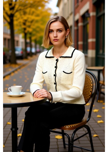 Kadın Triko Hırka Polo Yaka Kontrast Şerit Detaylı Uzun Kollu Rahat Kalıp Kısa Kesim Şıklık fiyatları