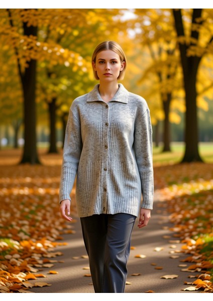 Kadın Regular Kalıp Düğmeli Gömlek Yaka Uzun Kollu Fitilli Triko Hırka Günlük Şıklık ve Konfor