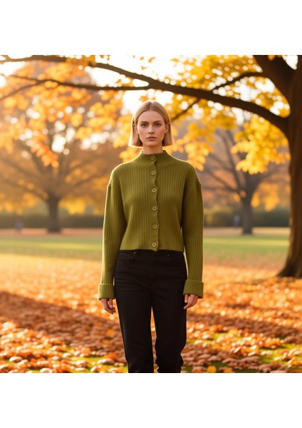 Kadın Dik Yaka Fitilli Dokuma Crop Oversize Triko Hırka Düşük Kol Rahat Kesim Günlük Şıklık