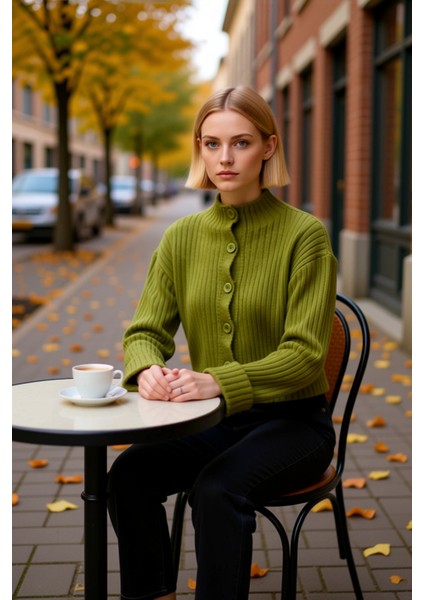 Kadın Dik Yaka Fitilli Dokuma Crop Oversize Triko Hırka Düşük Kol Rahat Kesim Günlük Şıklık fiyatları
