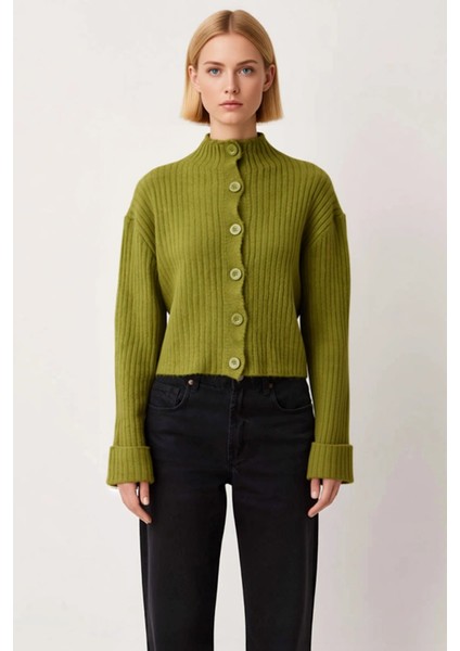 Kadın Dik Yaka Fitilli Dokuma Crop Oversize Triko Hırka Düşük Kol Rahat Kesim Günlük Şıklık fırsatları