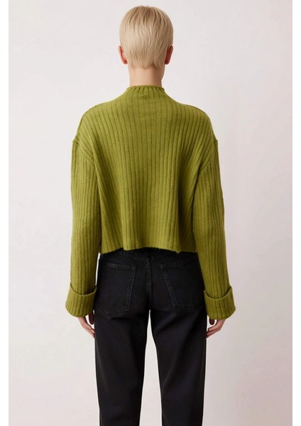 Kadın Dik Yaka Fitilli Dokuma Crop Oversize Triko Hırka Düşük Kol Rahat Kesim Günlük Şıklık indirimleri