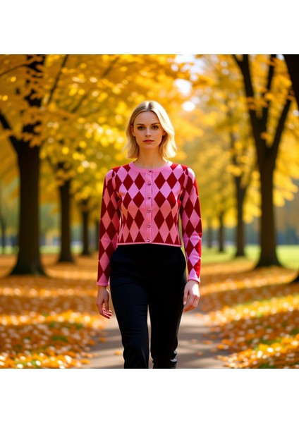 Kadın Crop Baklava Desenli Jakarlı Düğmeli Triko Hırka Günlük Şıklık ve Konfor Bir Arada Seçimi
