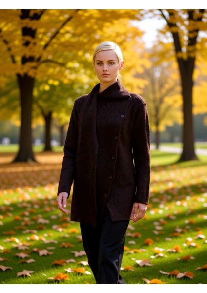 Kadın Asimetrik Düğmeli Atkı Yakalı Selanik Örgü Triko Hırka Kış Sezonu Günlük Şıklık ve Konfor