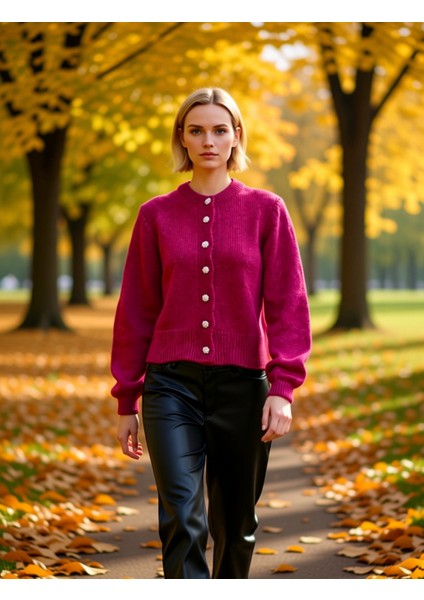 Kadın Yumuşak Dokulu Mücevher Düğmeli Crop Triko Hırka Günlük Şıklık ve Konfor Sunan Zarif Bir Seçim