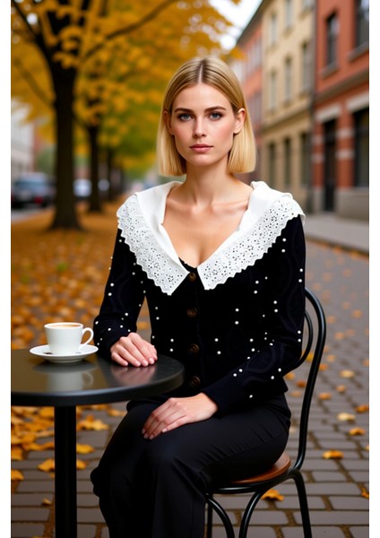 Kadın Bebe Yaka Dokuma Garni Detaylı Saç Örgü Triko Hırka Inci Işlemeli Düğmeli Tasarım Şık fiyatları