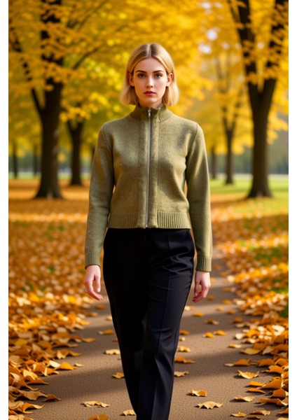 Kadın Fermuarlı Dik Yaka Triko Hırka Yumuşak Dokulu Rahat Kesim Şık Tasarım Fonksiyonel Spor