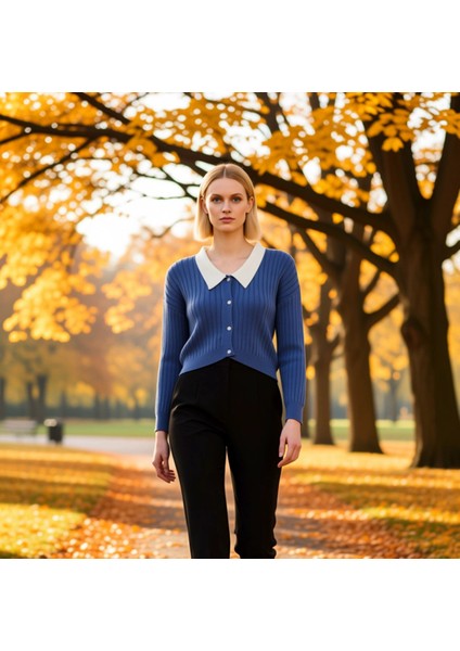 Kadın Şık Fitilli Dokuma Gömlek Yaka Detaylı Düğmeli Uzun Kollu Rahat Kesim Günlük Triko Hırka