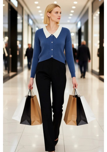 Kadın Şık Fitilli Dokuma Gömlek Yaka Detaylı Düğmeli Uzun Kollu Rahat Kesim Günlük Triko Hırka modelleri