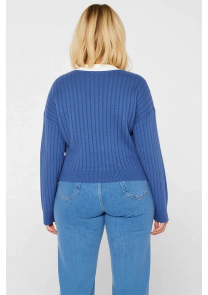 Kadın Şık Fitilli Dokuma Gömlek Yaka Detaylı Düğmeli Uzun Kollu Rahat Kesim Günlük Triko Hırka indirimleri