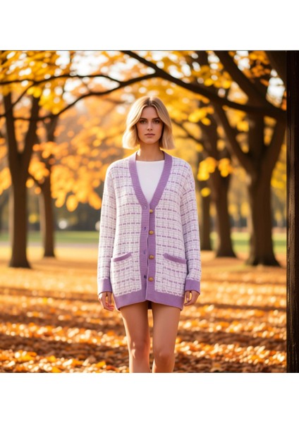 Kadın Geniş Kalıp V Yaka Düşük Kol Dokulu Simli Tüvit Görünümlü Uzun Triko Hırka Düğmeli Şık