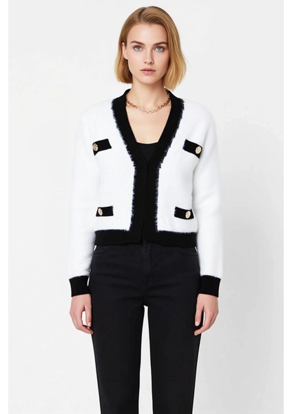 Kadın Tüylü Yumoş Iplikli Kısa Kesim Triko Hırka V Yaka Uzun Kollu Şık Tasarım Gündüz Gece fırsatları