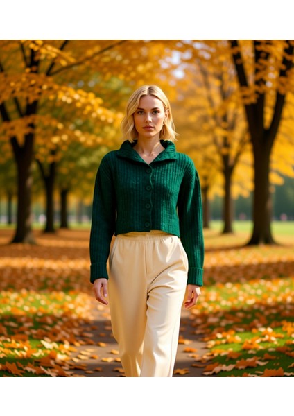 Kadın Dik Yaka Fitilli Dokuma Crop Oversize Triko Hırka Düşük Kol Rahat Kesim Günlük Şıklık