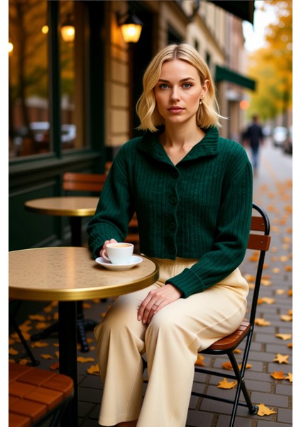 Kadın Dik Yaka Fitilli Dokuma Crop Oversize Triko Hırka Düşük Kol Rahat Kesim Günlük Şıklık fiyatları