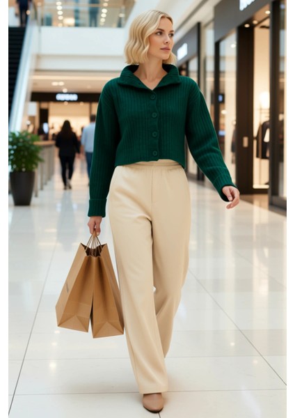 Kadın Dik Yaka Fitilli Dokuma Crop Oversize Triko Hırka Düşük Kol Rahat Kesim Günlük Şıklık modelleri