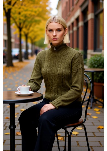 Kadın Konforlu Yumuşak Dokulu Oversize Kesim Fermuarlı Dik Yaka Saç Örgülü Uzun Kollu Triko Hırka fiyatları