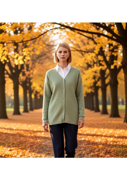 Kadın Düşük Kol V Yaka Gold Düğmeli Regular Kalıp Akrilik Triko Hırka Günlük Şıklık ve Konfor