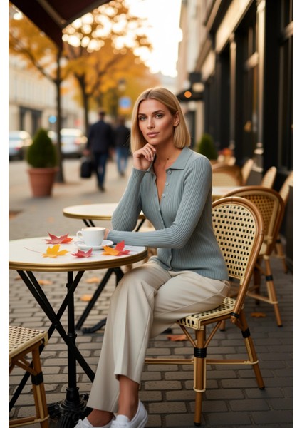 Kadın Merserize Dokulu Fitilli Polo Yaka Düğmeli Uzun Kollu Dar Kesim Şık Günlük Triko Bluz fiyatları