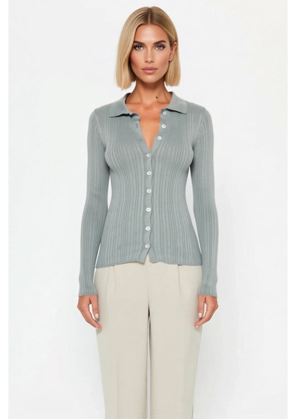 Kadın Merserize Dokulu Fitilli Polo Yaka Düğmeli Uzun Kollu Dar Kesim Şık Günlük Triko Bluz fırsatları