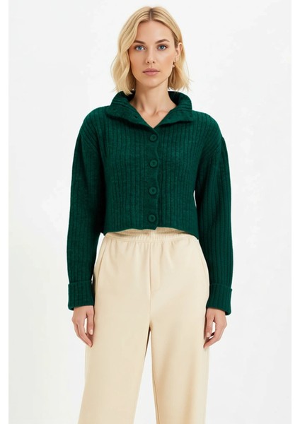 Kadın Dik Yaka Fitilli Dokuma Crop Oversize Triko Hırka Düşük Kol Rahat Kesim Günlük Şıklık fırsatları