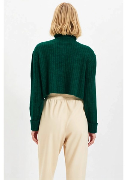 Kadın Dik Yaka Fitilli Dokuma Crop Oversize Triko Hırka Düşük Kol Rahat Kesim Günlük Şıklık indirimleri