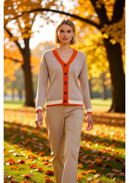 Kadın Oversize Geometrik Desenli Düğmeli Triko Hırka Konforlu Günlük Stilin Tamamlayıcısı Şık