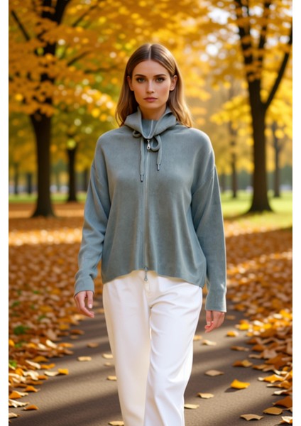 Kadın Geniş Kalıp Fermuar Detaylı Fitilli Akrilik Triko Hırka Bağcıklı Yüksek Yaka Düşük Omuzlu Uzun