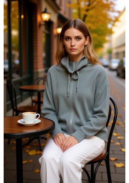 Kadın Geniş Kalıp Fermuar Detaylı Fitilli Akrilik Triko Hırka Bağcıklı Yüksek Yaka Düşük Omuzlu Uzun fiyatları