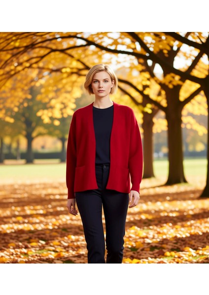 Kadın Geniş Kalıp Yumuşak Dokulu Fitilli Triko Hırka Cep Detaylı Rahat Şık Günlük Giyim Spor