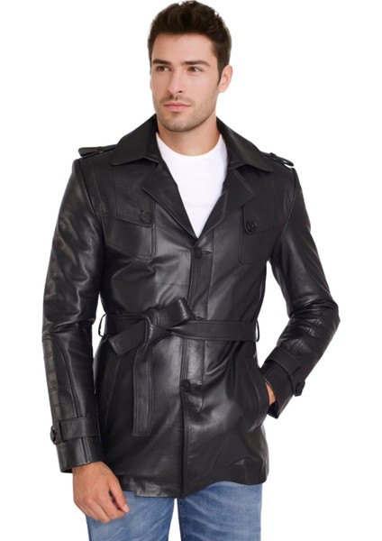 Valdes Hakiki Deri Erkek Siyah Kuşaklı Trençkot