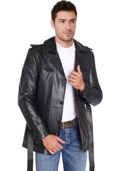 Valdes Hakiki Deri Erkek Siyah Kuşaklı Trençkot modelleri