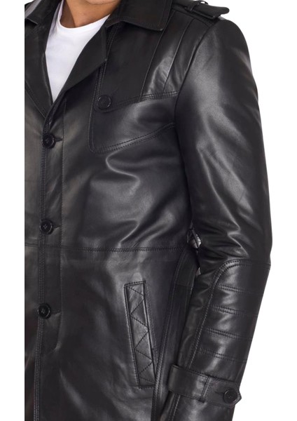 Valdes Hakiki Deri Erkek Siyah Kuşaklı Trençkot indirimleri