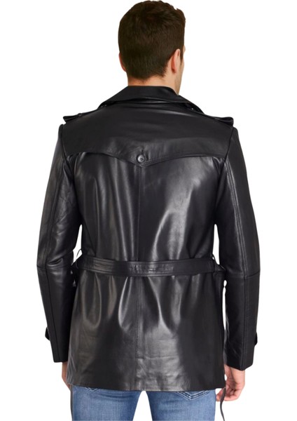 Valdes Hakiki Deri Erkek Siyah Kuşaklı Trençkot