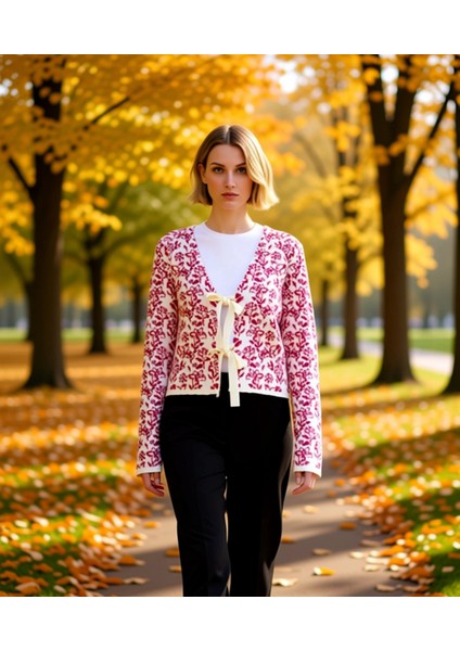 Kadın Desenli V Yaka Triko Hırka Kurdele Detaylı Fonksiyonel Dayanıklı Kaliteli Konforlu Şık