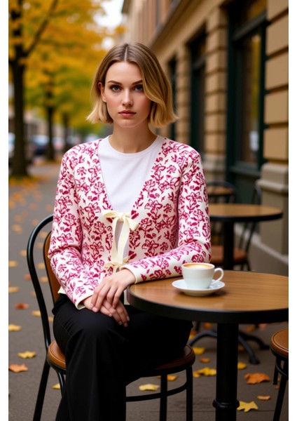 Kadın Desenli V Yaka Triko Hırka Kurdele Detaylı Fonksiyonel Dayanıklı Kaliteli Konforlu Şık fiyatları