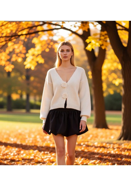 Kadın Regular Kesim V Yaka Balon Kol Gül Detaylı Crop Triko Hırka Yumuşak Dokusuyla Şıklık Sunar