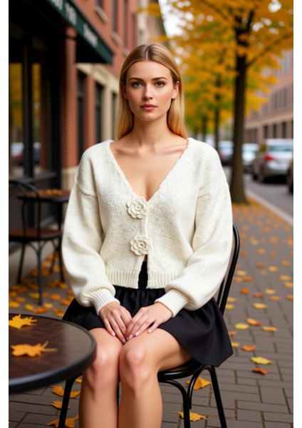 Kadın Regular Kesim V Yaka Balon Kol Gül Detaylı Crop Triko Hırka Yumuşak Dokusuyla Şıklık Sunar fiyatları