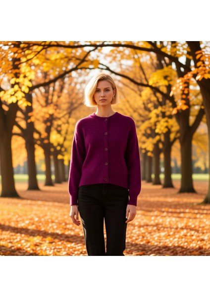 Kadın Alpaka Karışımlı Triko Hırka Düşük Kol Bisiklet Yaka Düğmeli Rahat Kesim Kışlık Şıklık Günlük